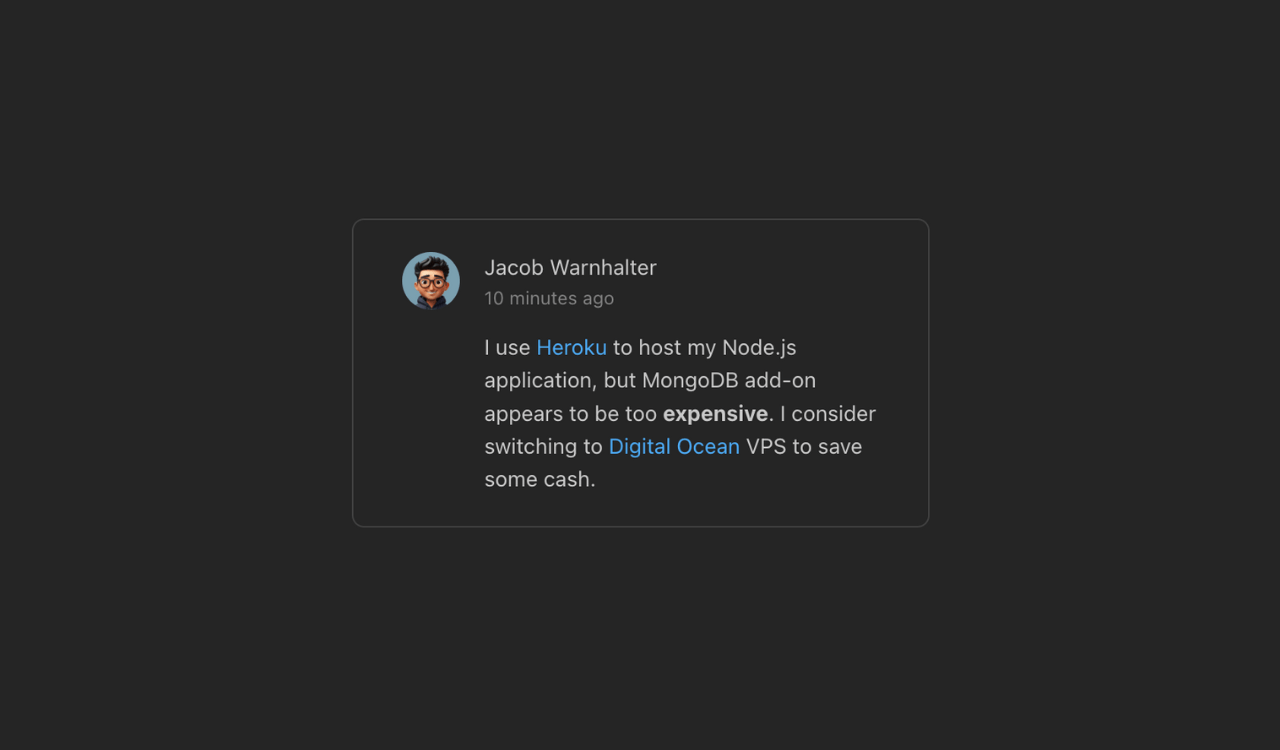 A comment component with HTML built with Mantine.