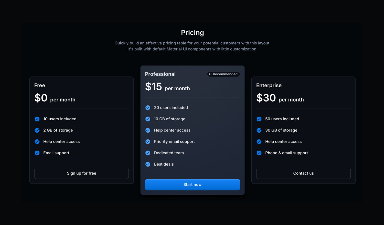 A pricing section using Material UI components and Croct.