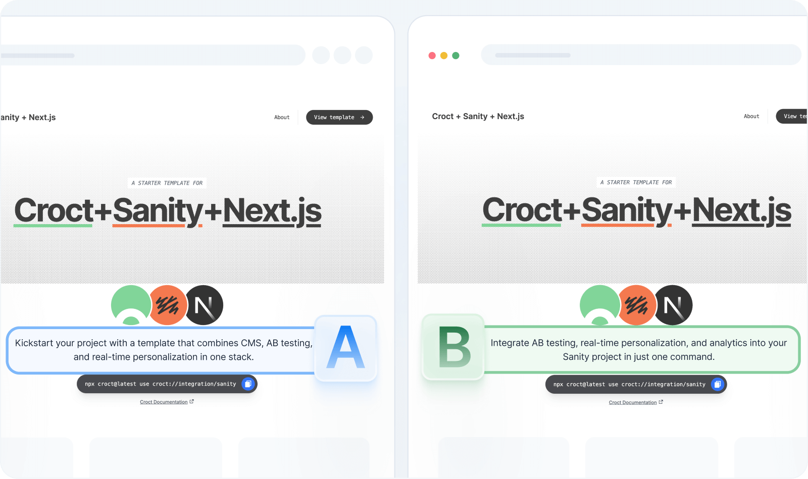 A split-screen comparison image showing two versions of the starter home page. The left side shows the variant A content, and the right side shows the variant B content.