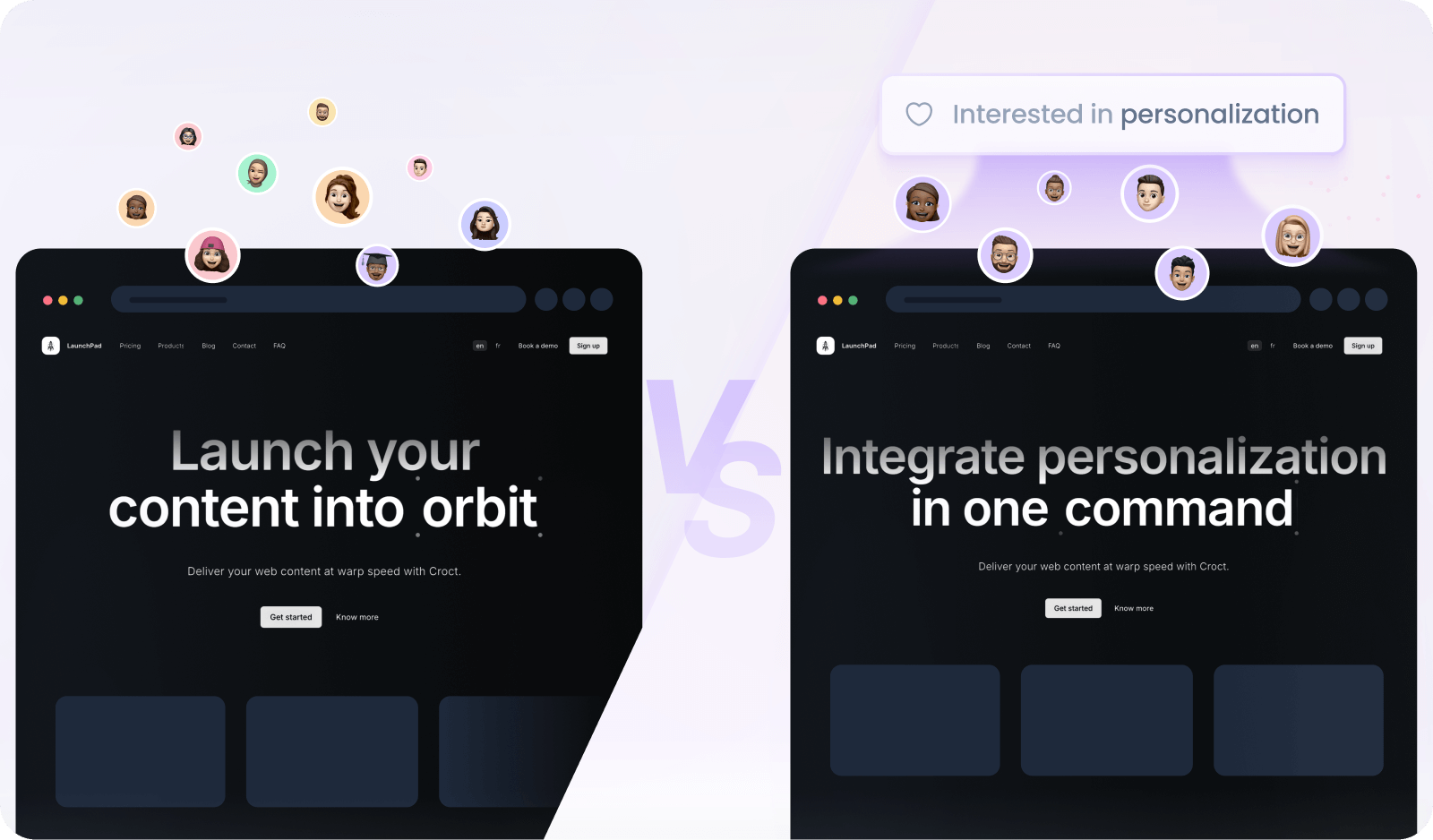 A split-screen comparison image showing two versions of the starter home page. The left side shows the default content, and the right side shows personalized content with a different heading.