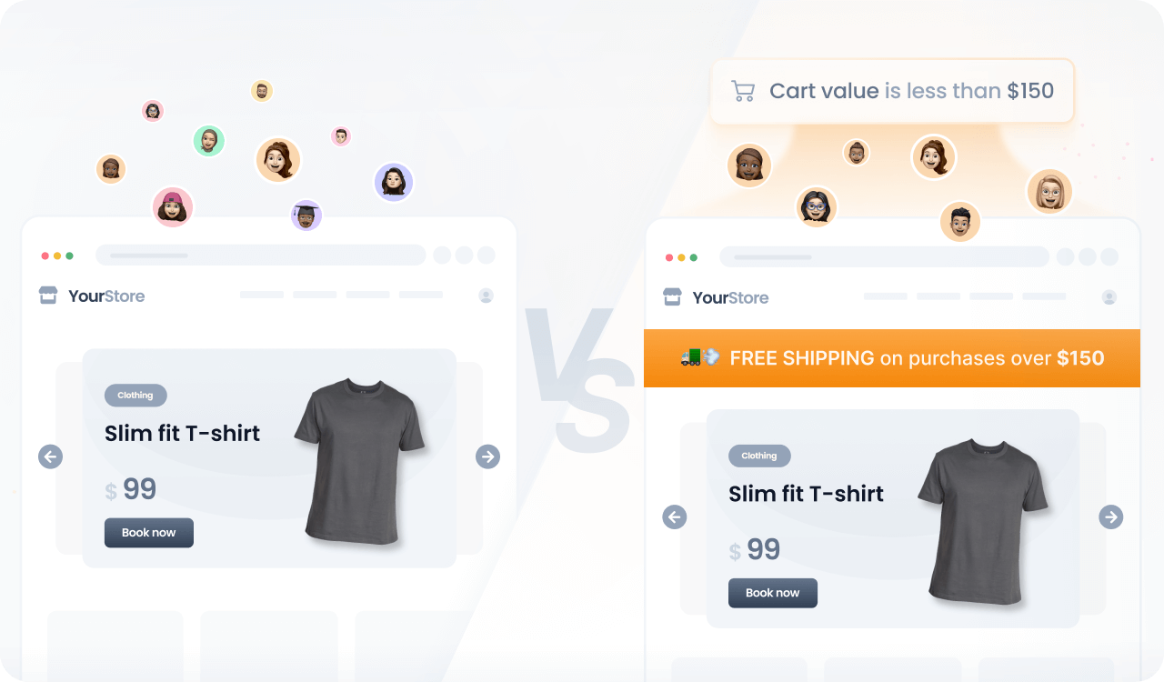 A split-screen comparison image showing two versions of an online store home page. The left side shows the default content with no special offers, and the right side shows personalized content based on the cart's total value with a free shipping offer.