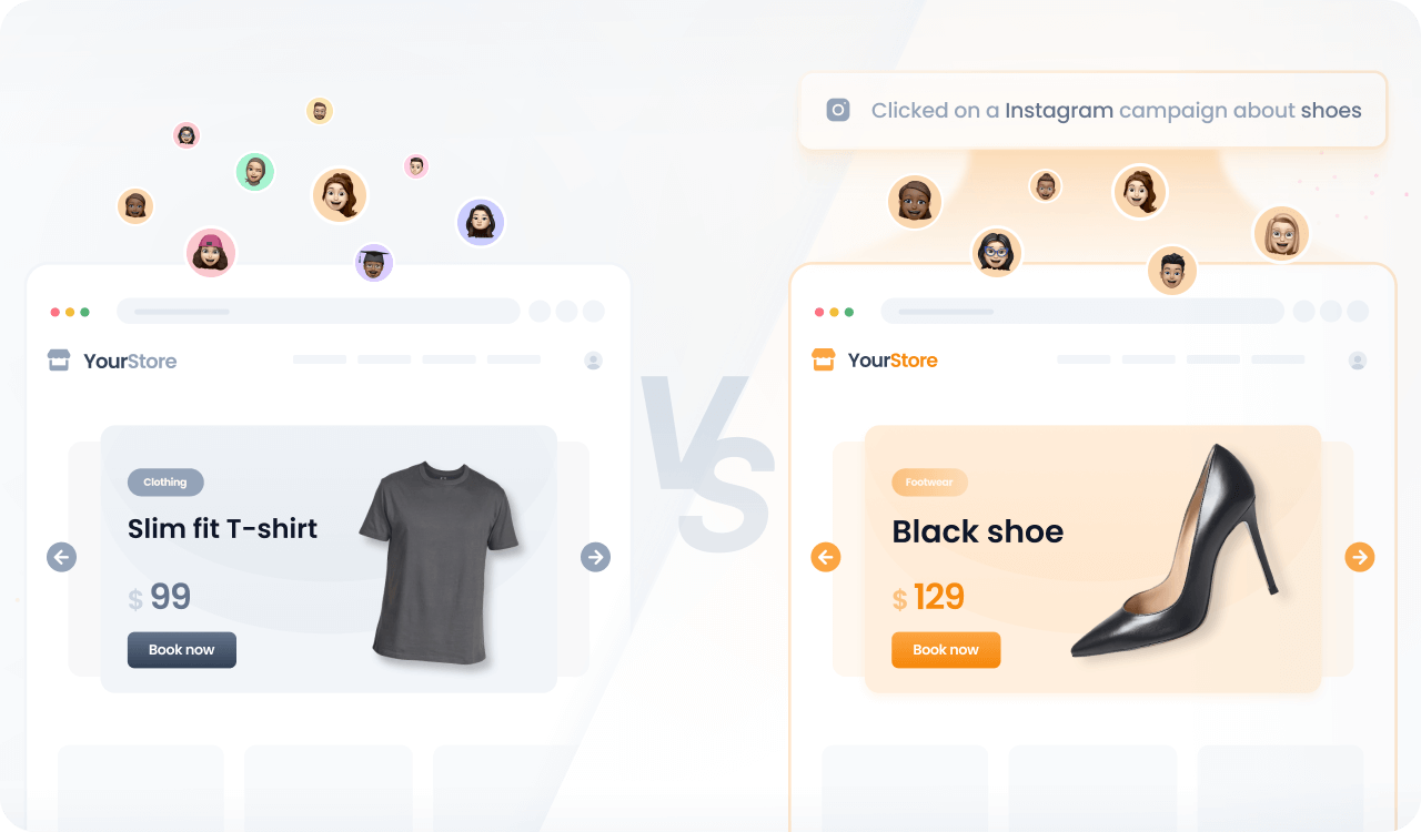 A split-screen comparison image showing two versions of an online store home page. The left side shows the default content with no special offers, and the right side shows personalized content based on the shoe-related Instagram campaign the user clicked.