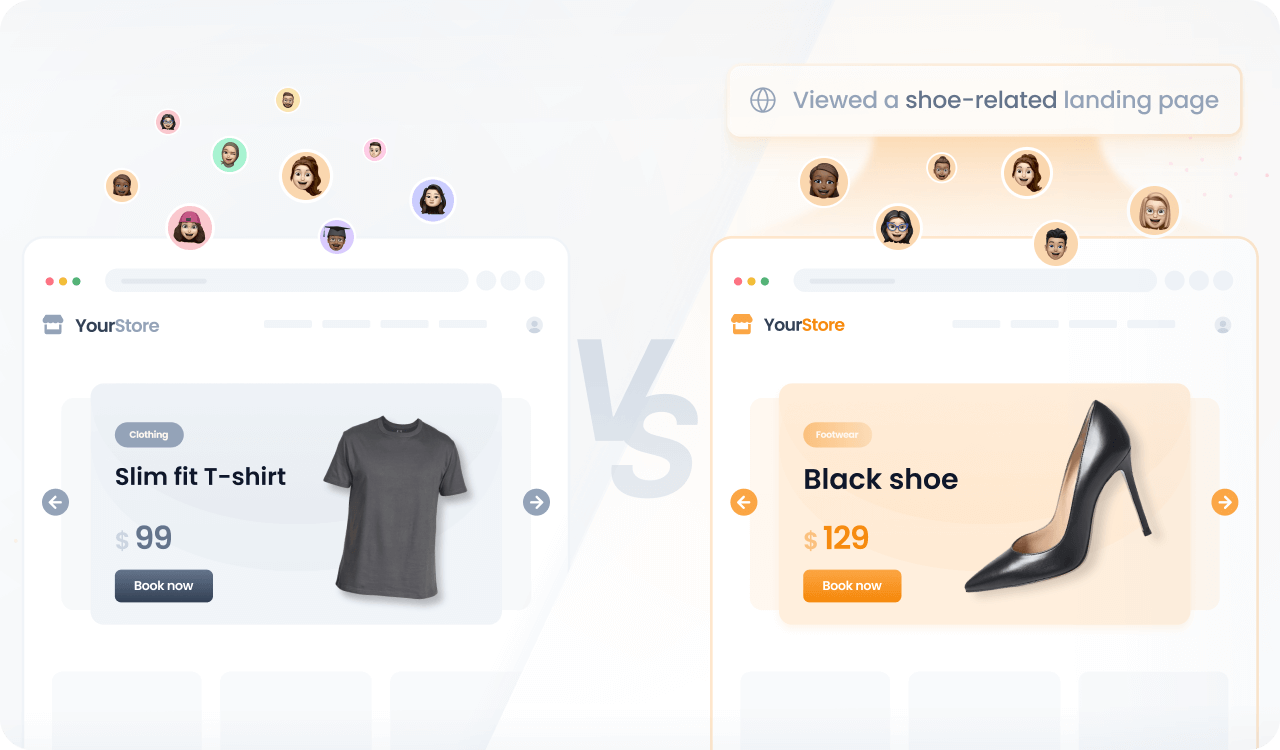 A split-screen comparison image showing two versions of an online store home page. The left side shows the default content with no special offers, and the right side shows personalized content based on the shoe-related content the user has read.