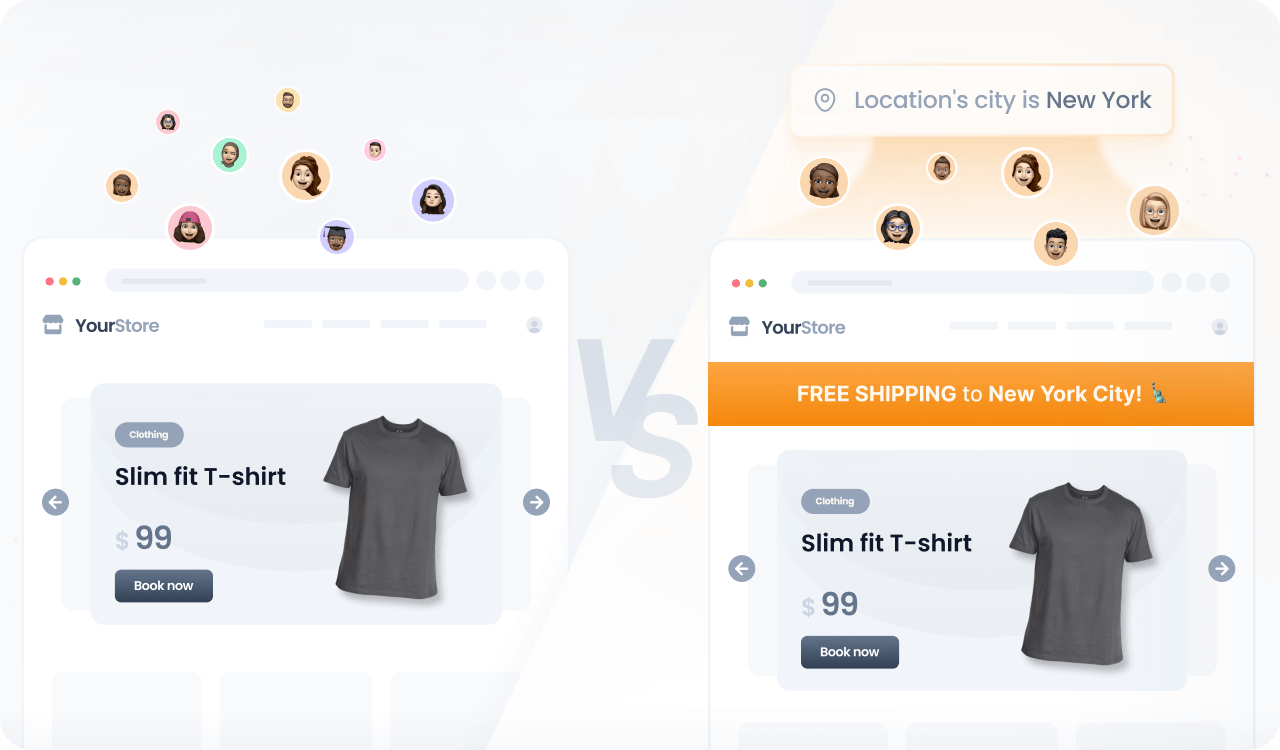 A split-screen comparison image showing two versions of an online store home page. The left side shows the default content with no special offers, and the right side shows personalized content based on the user's location.