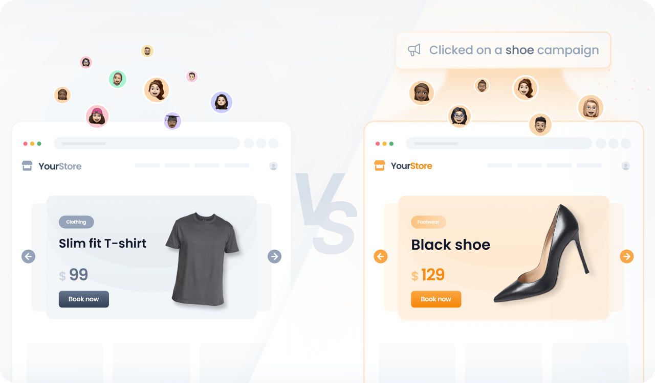 A split-screen comparison image showing two versions of an online store home page. The left side shows the default content with no special offers, and the right side shows personalized content based on the shoe-related marketing campaign the user clicked.