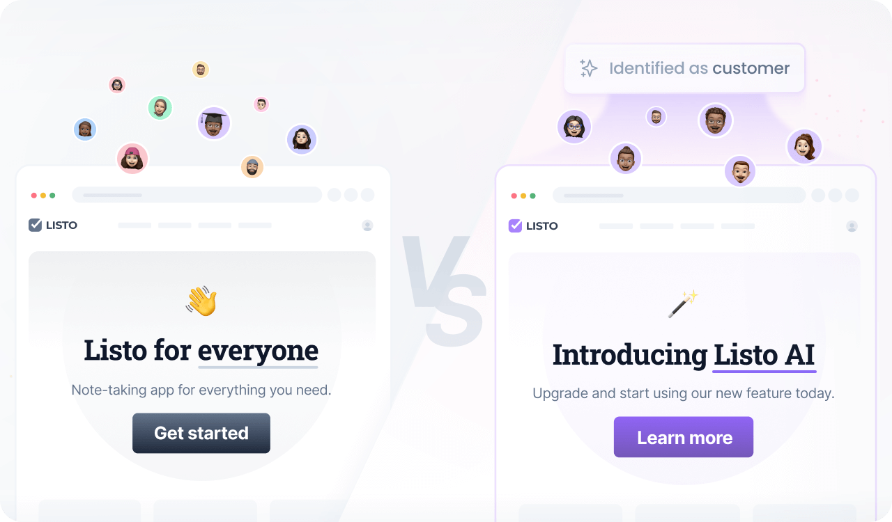 A split-screen comparison image showing two versions of an online store home page. The left side shows the default content with no special offers, and the right side shows personalized content for visitors identified as customers.