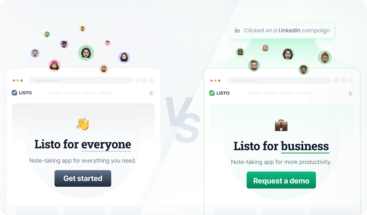 A split-screen comparison image showing two versions of an online store home page. The left side shows the default content with no special offers, and the right side shows personalized content based on the business-related LinkedIn campaign the user clicked.